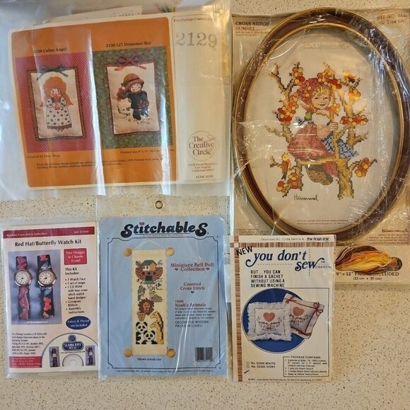 Cross Stitch Kit Lot 5 Noahs Ark Crewel Angel Hummel Girl Apple Tree Watch Strap - Picture 1 of 15